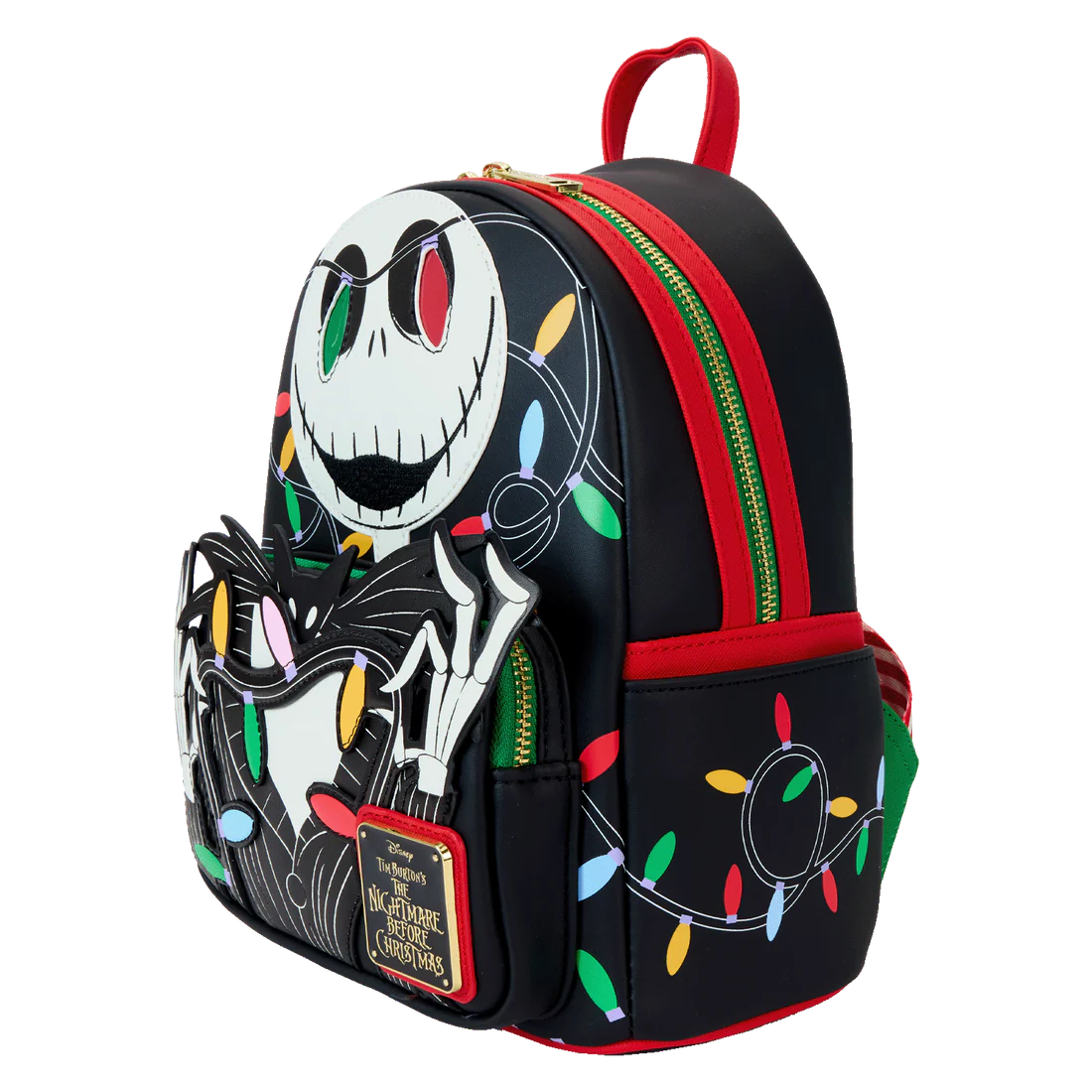 Backpack with a Jack Skellington design featuring colorful lights on a white background