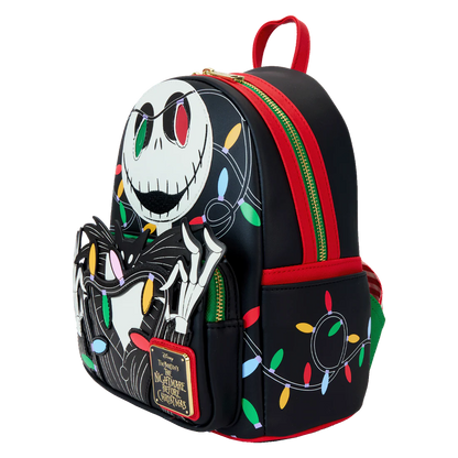 Backpack with a Jack Skellington design featuring colorful lights on a white background