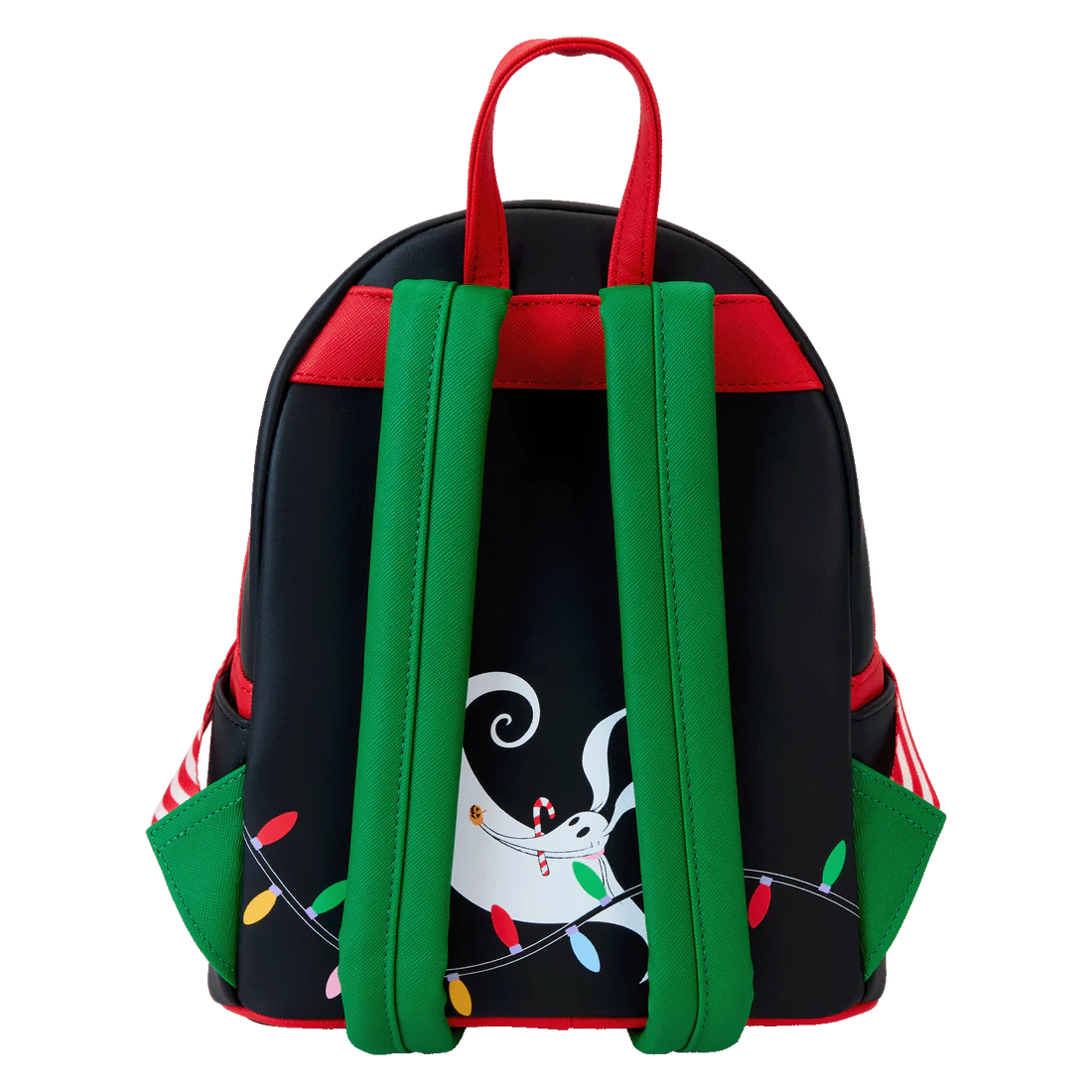 Backpack with a festive design featuring Zero and Christmas lights on a black background.
