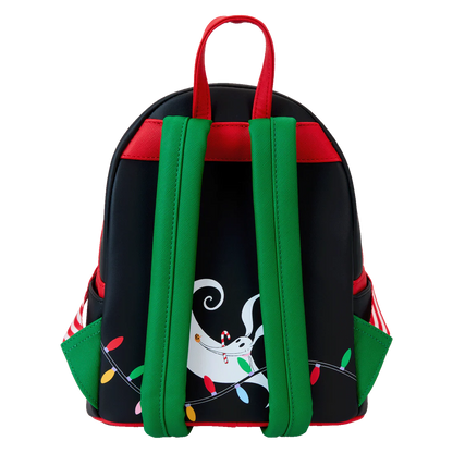 Backpack with a festive design featuring Zero and Christmas lights on a black background.