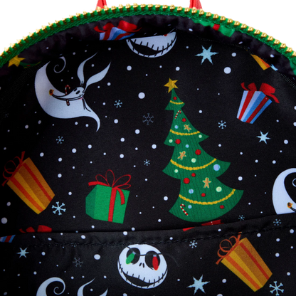 Loungefly backpack with Christmas-themed Jack Skellington design featuring a tree, presents, and moon.