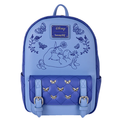 Blue / Purple Loungefly eeyore backpack with embroidered design and Disney logo on a white background