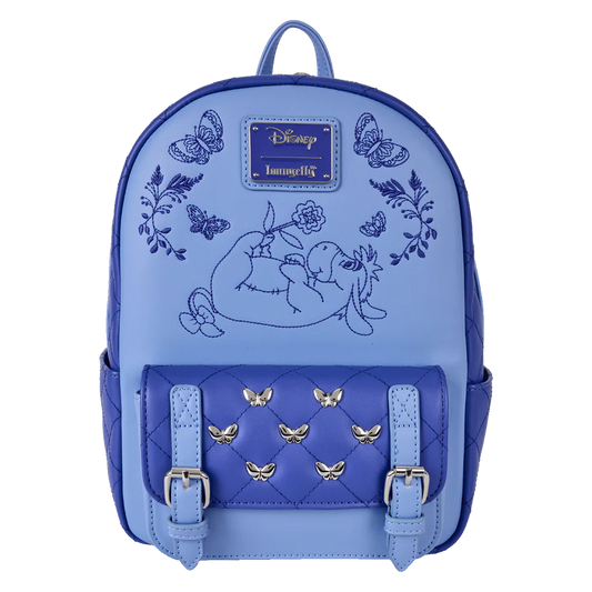 Blue / Purple Loungefly eeyore backpack with embroidered design and Disney logo on a white background