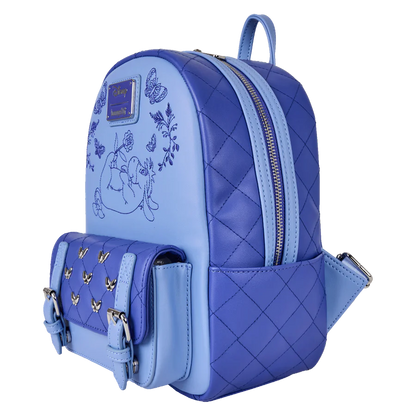 Blue backpack with quilted eeyore design and butterfly details on a white background