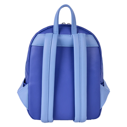 Blue / purple loungefly backpack with light blue straps on a white background