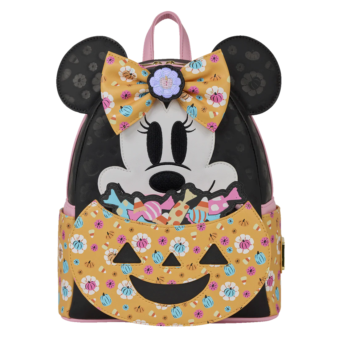 Backpack with Minnie Mouse design featuring a bow and candy-themed pattern on a white background