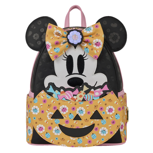 Backpack with Minnie Mouse design featuring a bow and candy-themed pattern on a white background