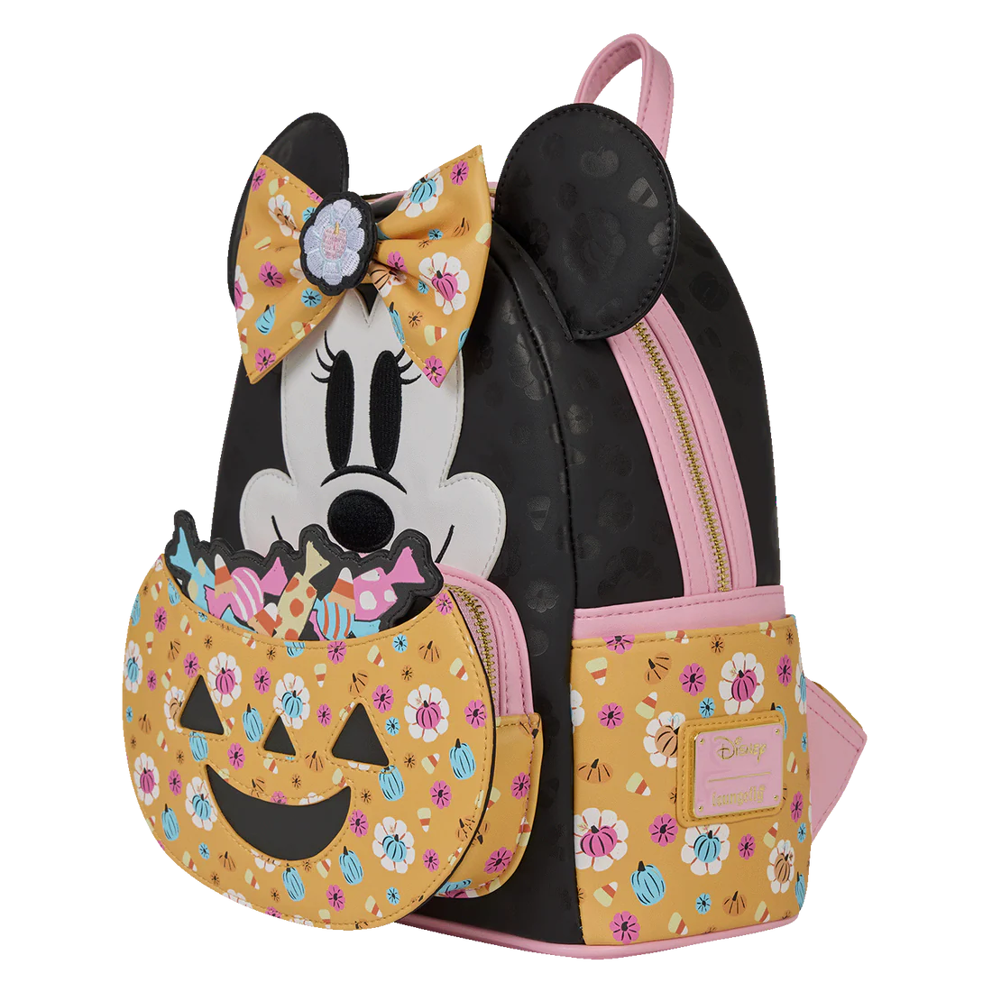 Loungefly backpack with Minnie Mouse design featuring a bow and pumpkin face on a white background