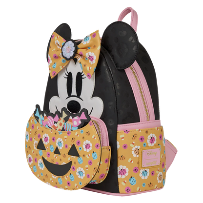 Loungefly backpack with Minnie Mouse design featuring a bow and pumpkin face on a white background