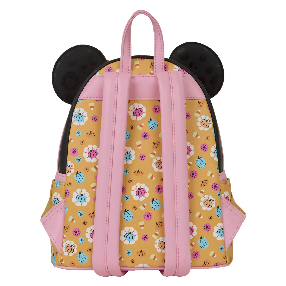 Minnie Mouse Loungefly backpack with floral pumpkin pattern and black ears on a white background