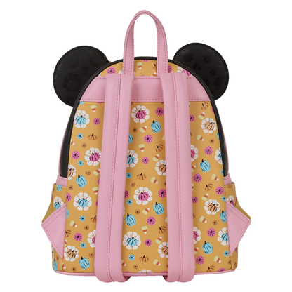 Minnie Mouse Loungefly backpack with floral pumpkin pattern and black ears on a white background