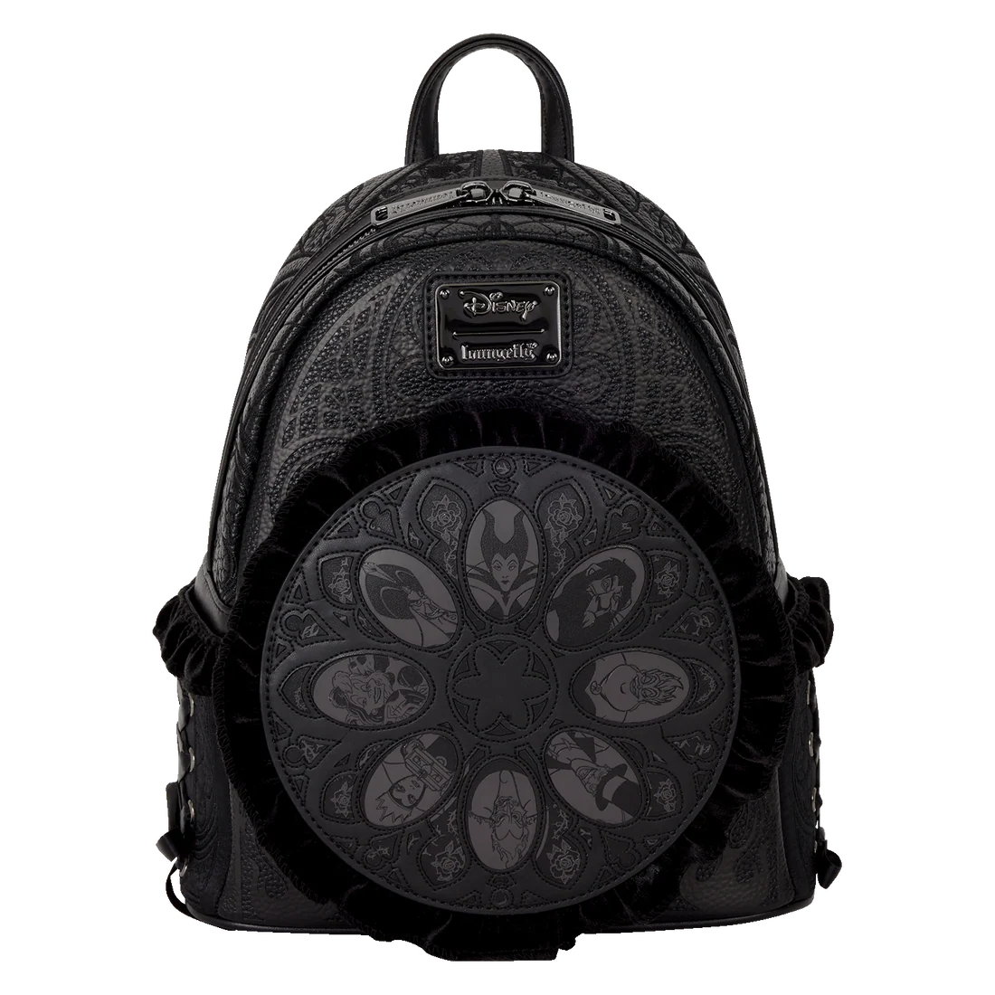 Disney villains black loungefly backpack with circular design and villains on a white background