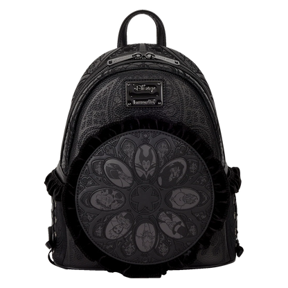 Disney villains black loungefly backpack with circular design and villains on a white background