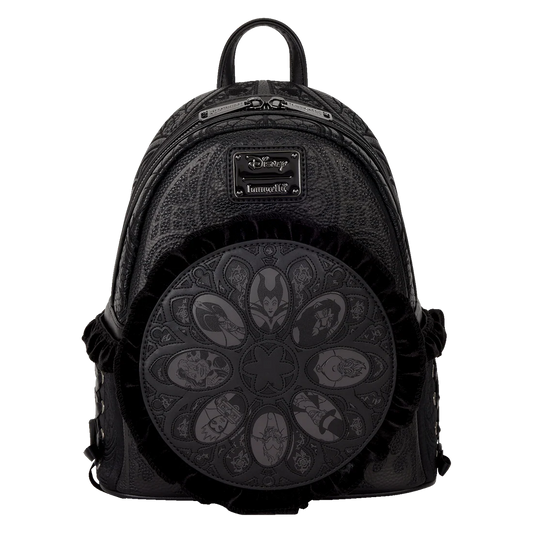 Disney villains black loungefly backpack with circular design and villains on a white background