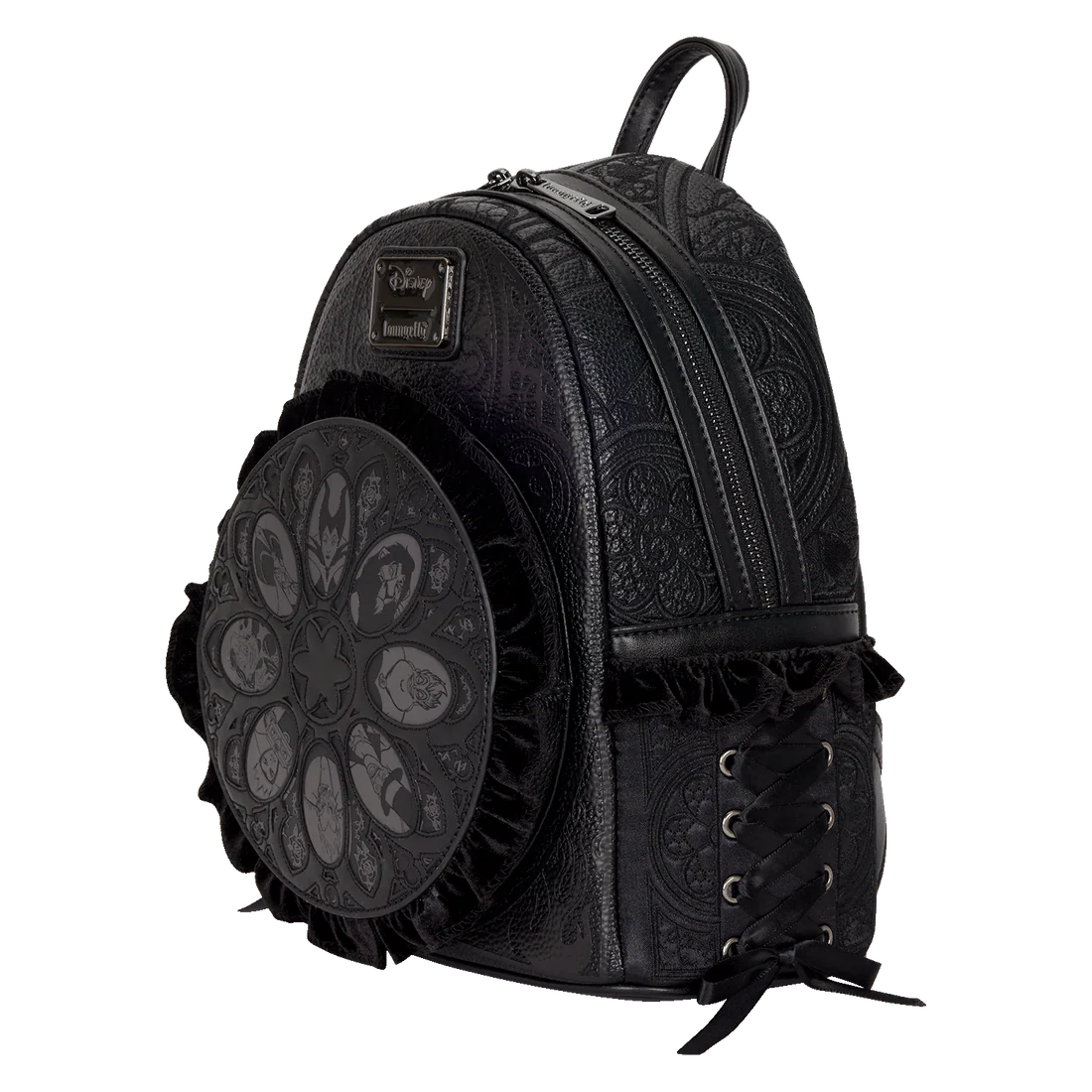 Black disney villains loungefly decorative backpack with intricate patterns on a white background