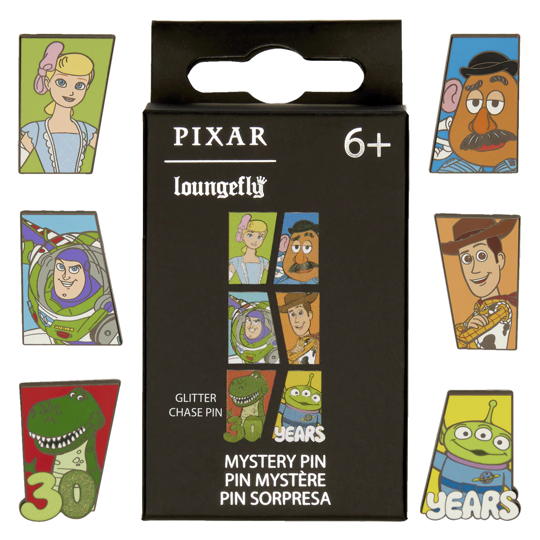 Loungefly Pixar-themed mystery pin set packaging with character images on a black background