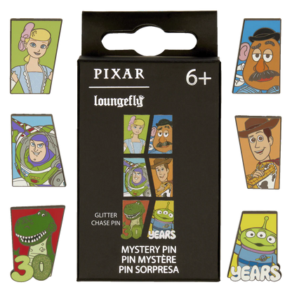 Loungefly Pixar-themed mystery pin set packaging with character images on a black background