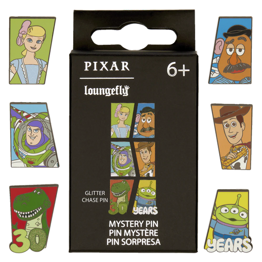 Loungefly Pixar-themed mystery pin set packaging with character images on a black background