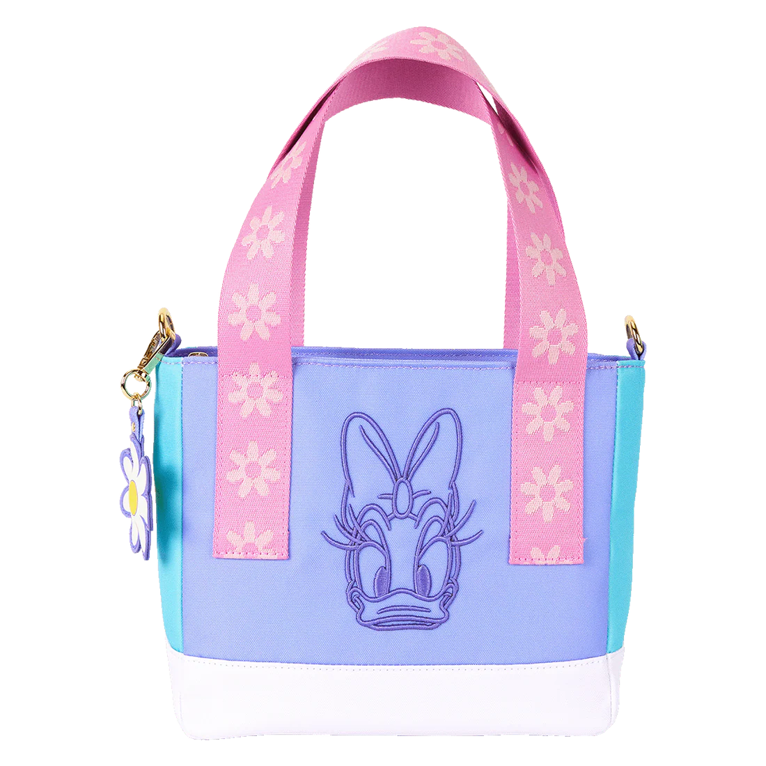Colorful Daisy Duck Loungefly handbag with floral design and character face on a white background