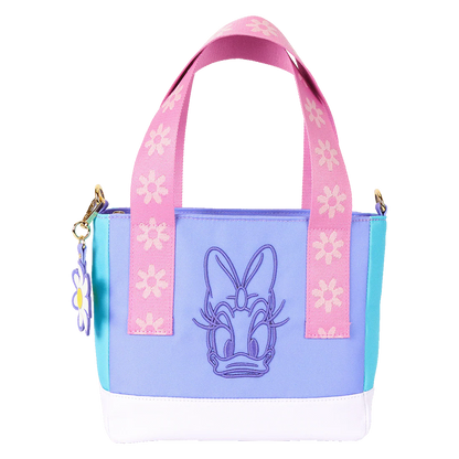 Colorful Daisy Duck Loungefly handbag with floral design and character face on a white background