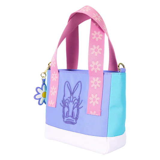 Pastel blue, purple and pink Daisy Duck Loungefly handbag with floral design on a white background