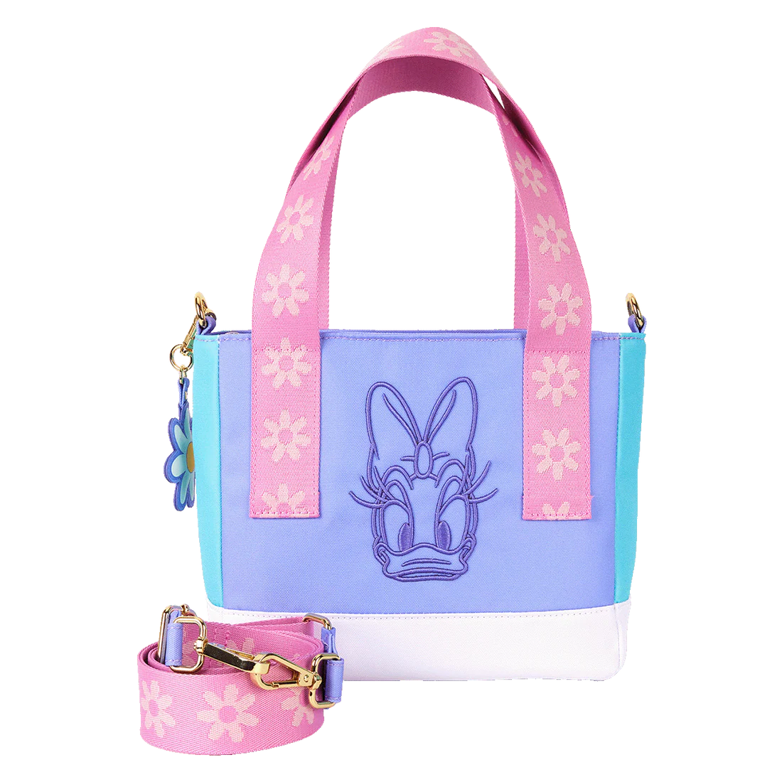 Colorful Daisy handbag with floral design and matching strap on a white background