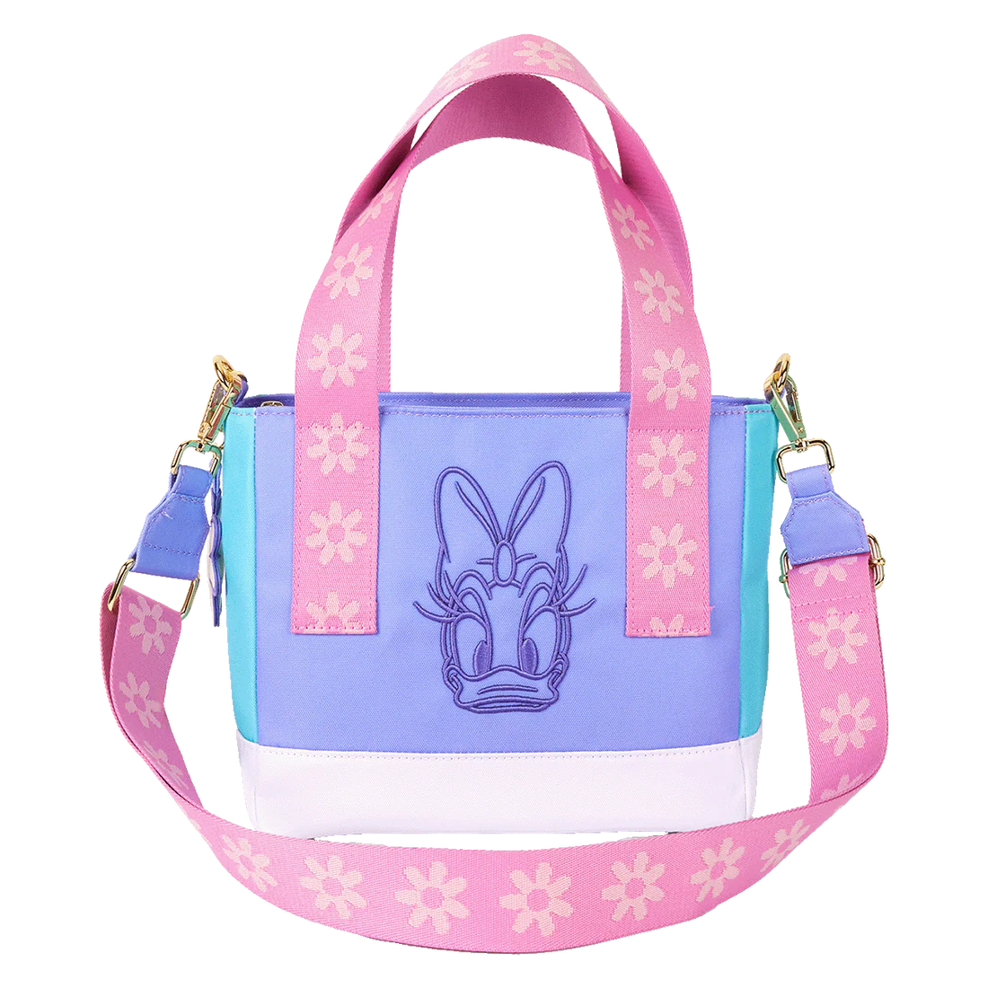 Colorful Disney Daisy Duck Loungefly handbag with floral strap and character design on a white background