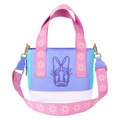 Colorful Disney Daisy Duck Loungefly handbag with floral strap and character design on a white background