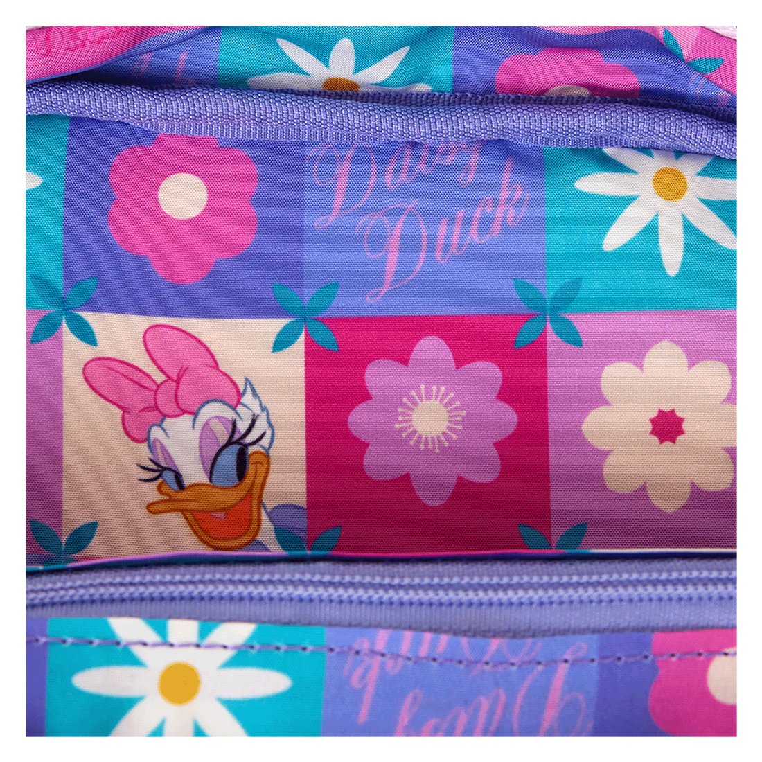 Colorful bag lining fabric with Daisy Duck design and floral patterns