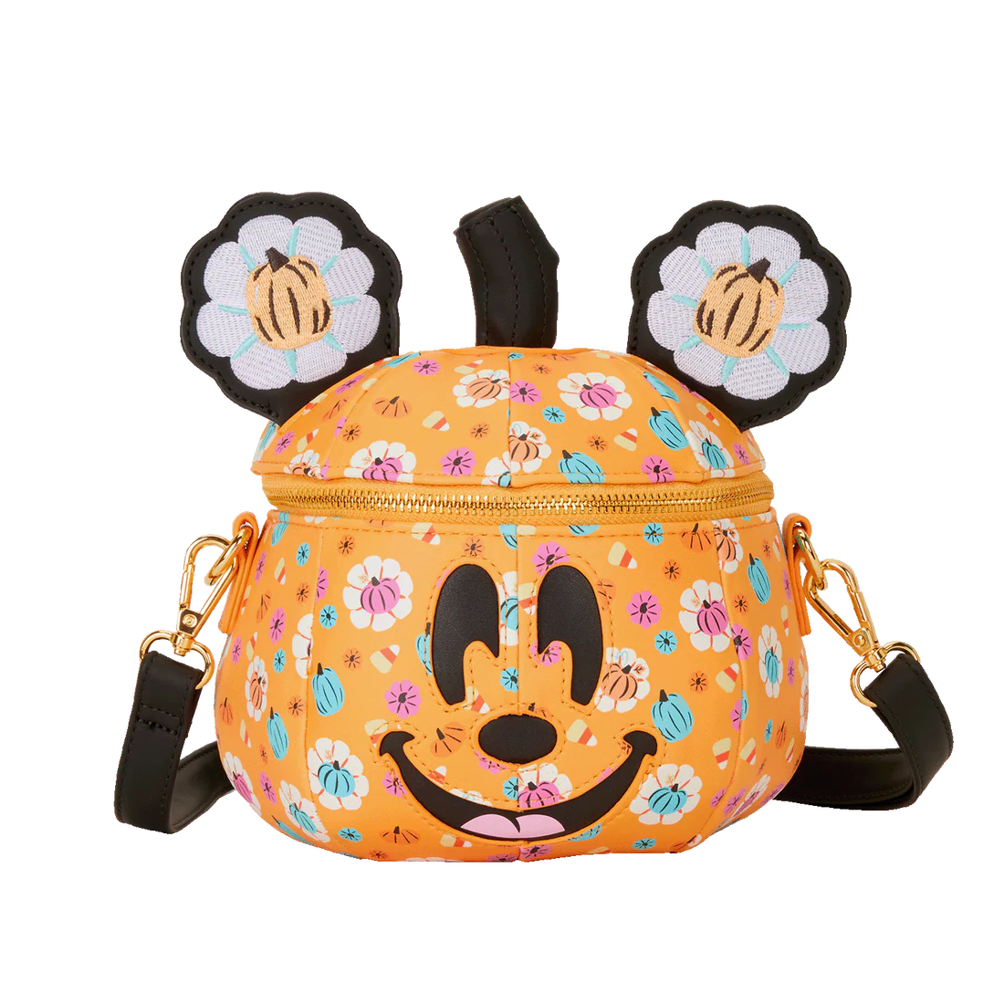 Pumpkin patterned Mickey Loungefly bag with Mickey flower-shaped ears on a white background