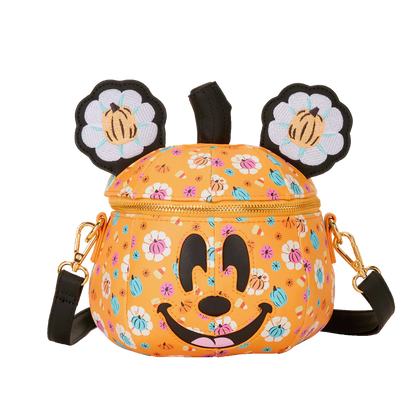 Pumpkin patterned Mickey Loungefly bag with Mickey flower-shaped ears on a white background