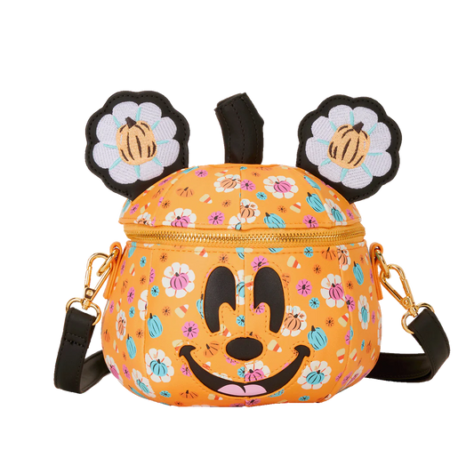 Pumpkin patterned Mickey Loungefly bag with Mickey flower-shaped ears on a white background