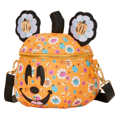 Floral pumpkin patterned bag with Mickey mouse ears and face on a white background