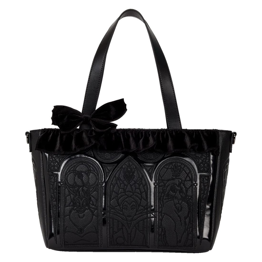 Disney villains handbag with intricate design and a velvet bow on a white background