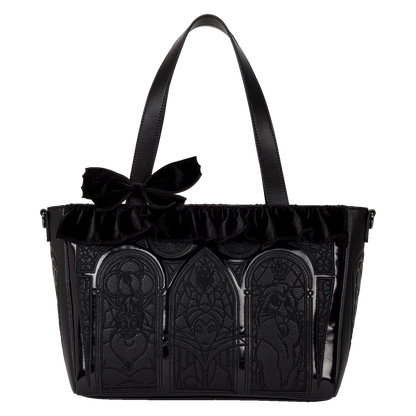 Disney villains handbag with intricate design and a velvet bow on a white background