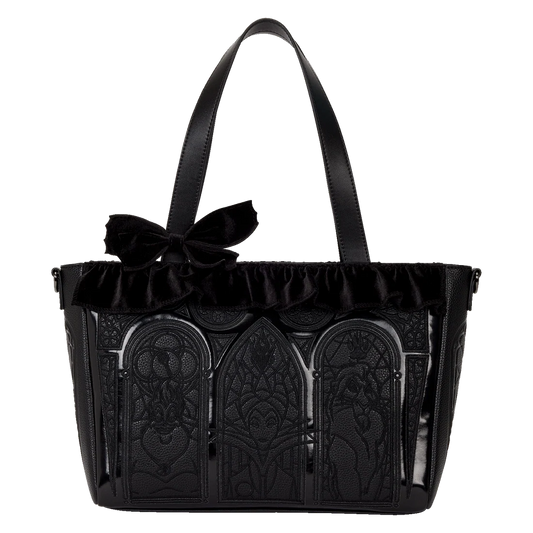Disney villains handbag with intricate design and a velvet bow on a white background