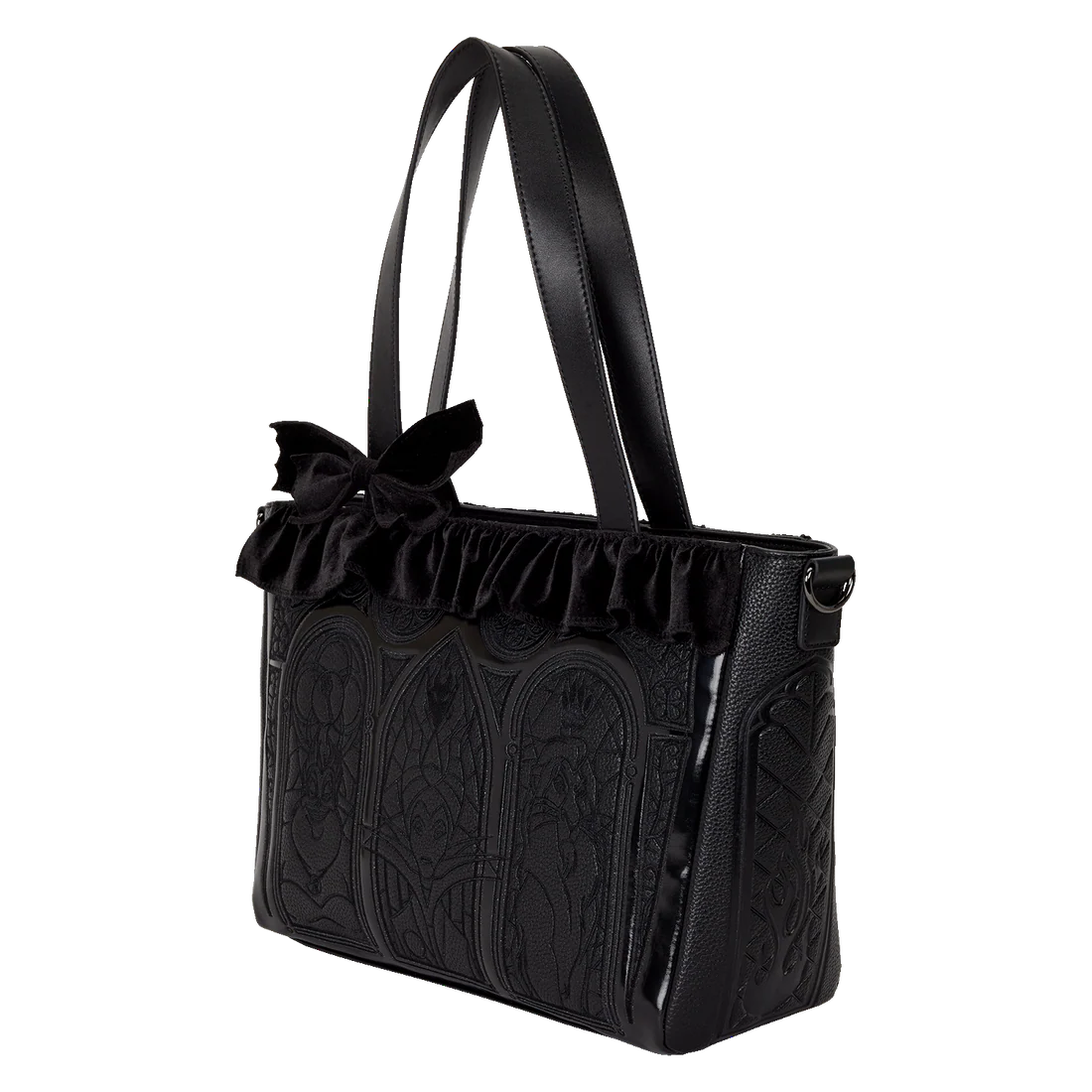 Disney villains Loungefly black handbag with ruffled bow detail on a white background