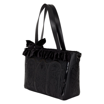 Disney villains Loungefly black handbag with ruffled bow detail on a white background
