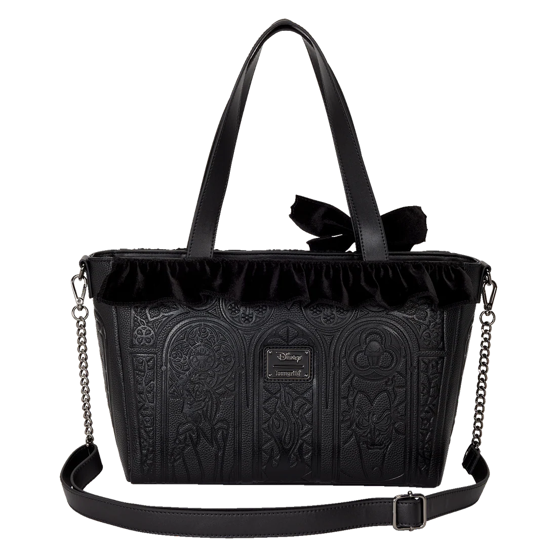 Disney villains loungefly embossed handbag with decorative bow and chain details on a white background