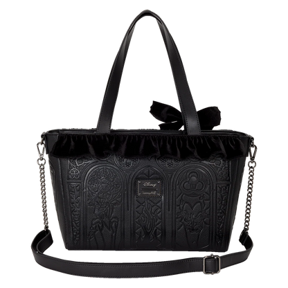 Disney villains loungefly embossed handbag with decorative bow and chain details on a white background