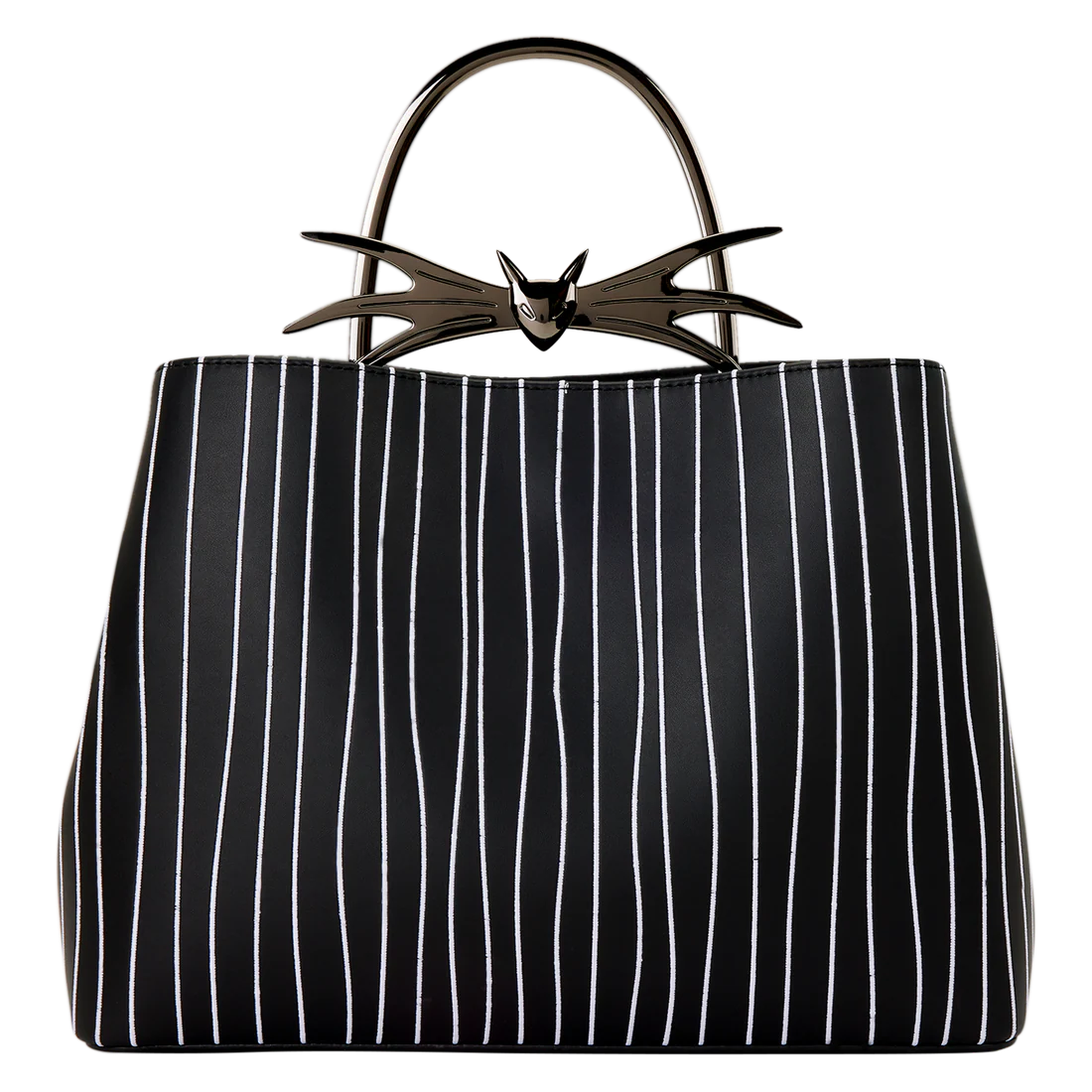 Jack Skellington Jack from nightmare before Christmas handbag with white pinstripes and decorative handle on a white background