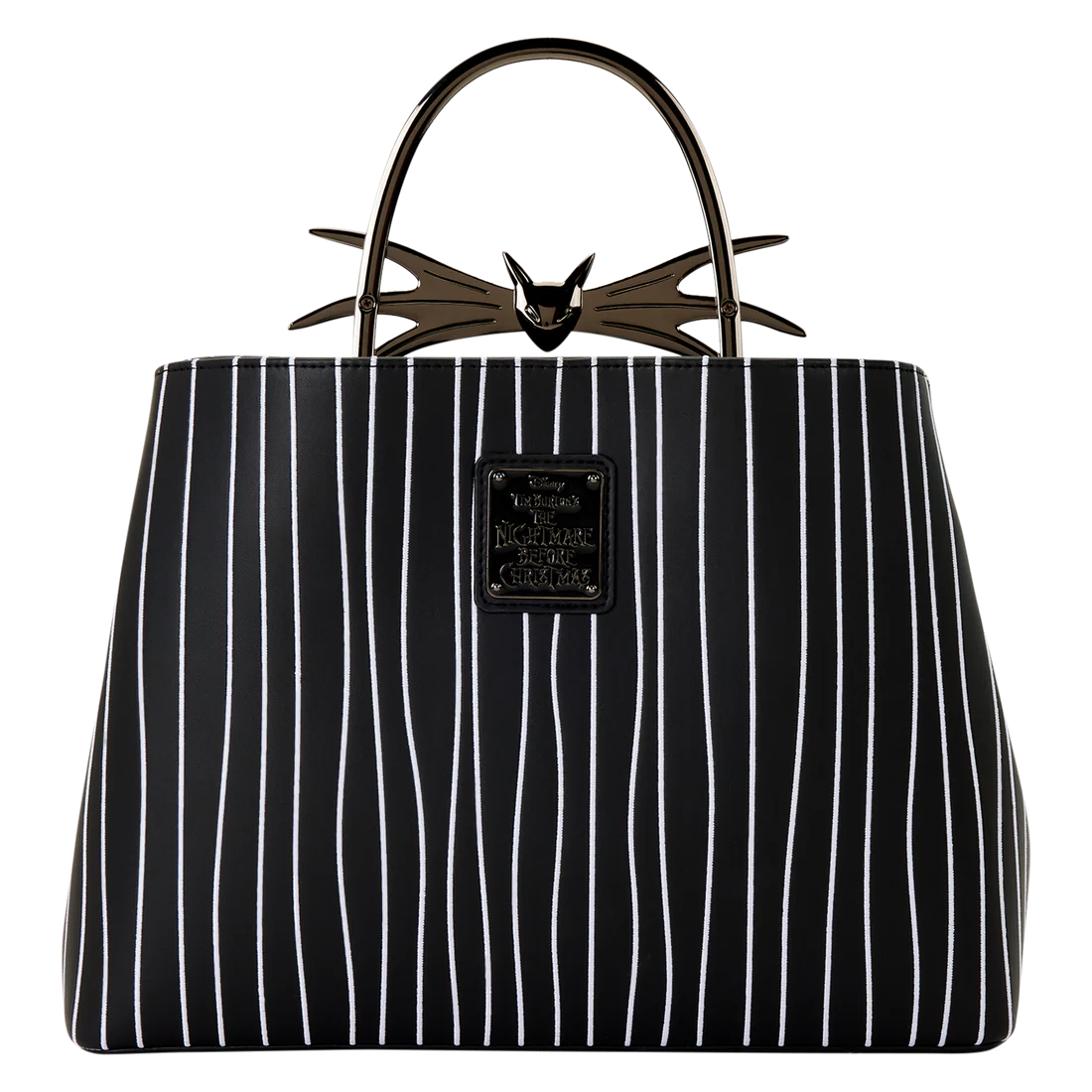 Black and white striped Jack Skellington Loungefly crossbody handbag with a Jack's bow design on a white background