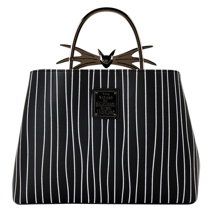 Black and white striped Jack Skellington Loungefly crossbody handbag with a Jack's bow design on a white background