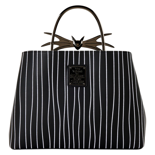 Black and white striped Jack Skellington Loungefly crossbody handbag with a Jack's bow design on a white background