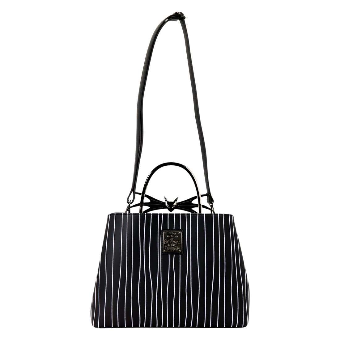 Black and white striped Jack Skellington Loungefly crossbody handbag with a bow detail on a white background