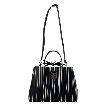 Black and white striped Jack Skellington Loungefly crossbody handbag with a bow detail on a white background
