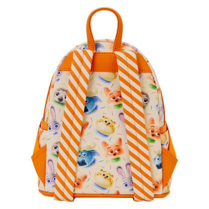 Zootopia 2 Loungefly backpack with  animal pattern and orange straps on a white background