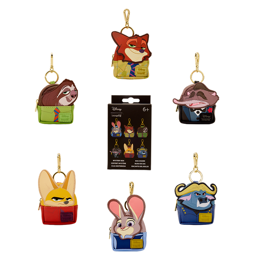 Zootopia 2 loungefly bag charms with the main characters with a packaging box in the center on a white background