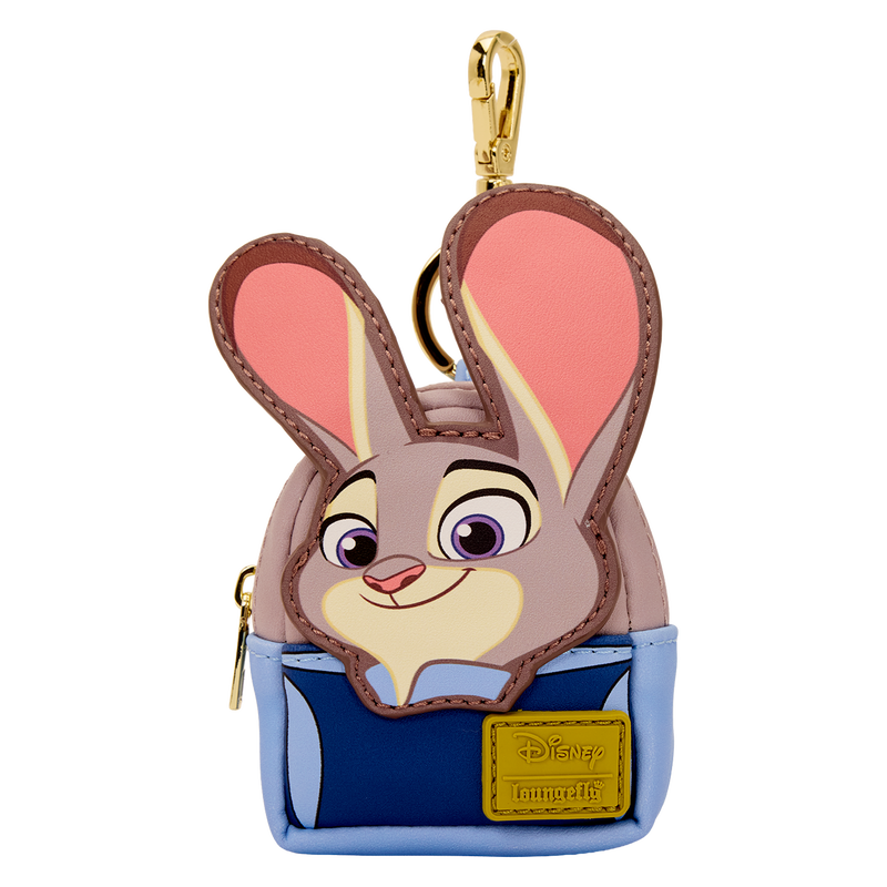 Judy Zootopia 2 loungefly bag charms with a blue pouch and gold accents on a white background