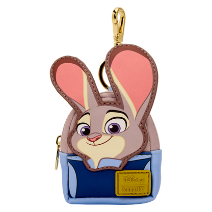 Judy Zootopia 2 loungefly bag charms with a blue pouch and gold accents on a white background